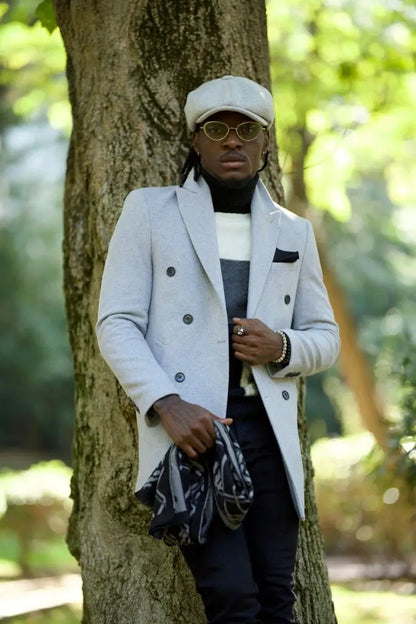 Caesar Slim Fit Double Breasted Grey Wool Cachet Coat - BRABION