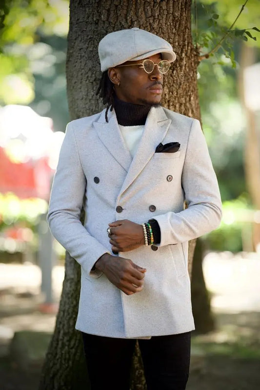 Caesar Slim Fit Double Breasted Grey Wool Cachet Coat - BRABION