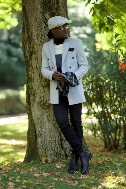 Caesar Slim Fit Double Breasted Grey Wool Cachet Coat - BRABION
