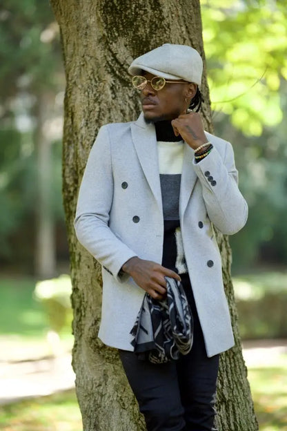 Caesar Slim Fit Double Breasted Grey Wool Cachet Coat - BRABION