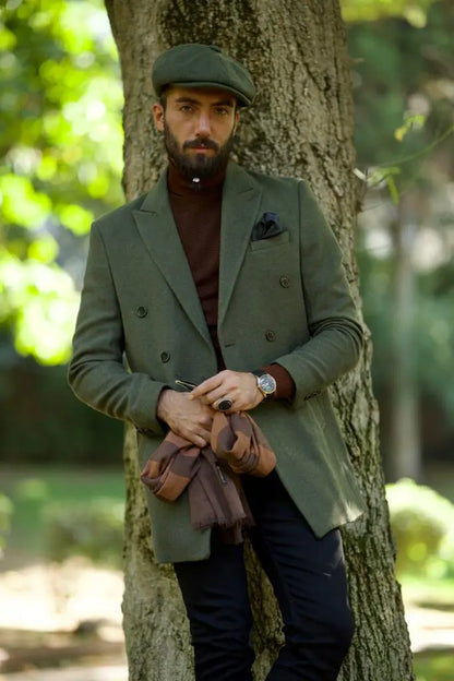 Caesar Slim Fit Double Breasted Khaki Wool Cachet Coat - Timeless Elegance - BRABION