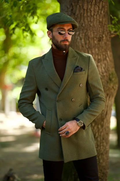 Caesar Slim Fit Double Breasted Khaki Wool Cachet Coat - Timeless Elegance - BRABION