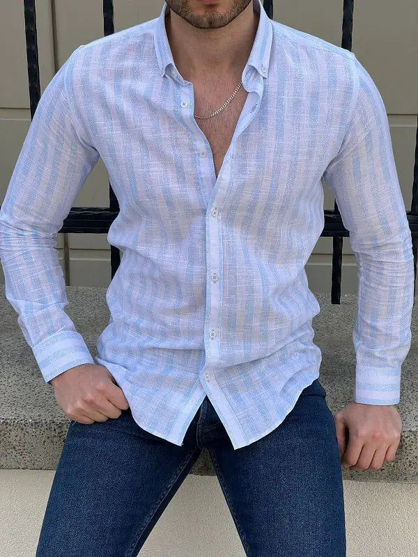 Brabion Tampa White Blue Slim Fit Striped Cotton Shirt - BRABION