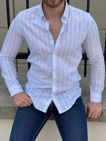 Brabion Tampa White Blue Slim Fit Striped Cotton Shirt - BRABION