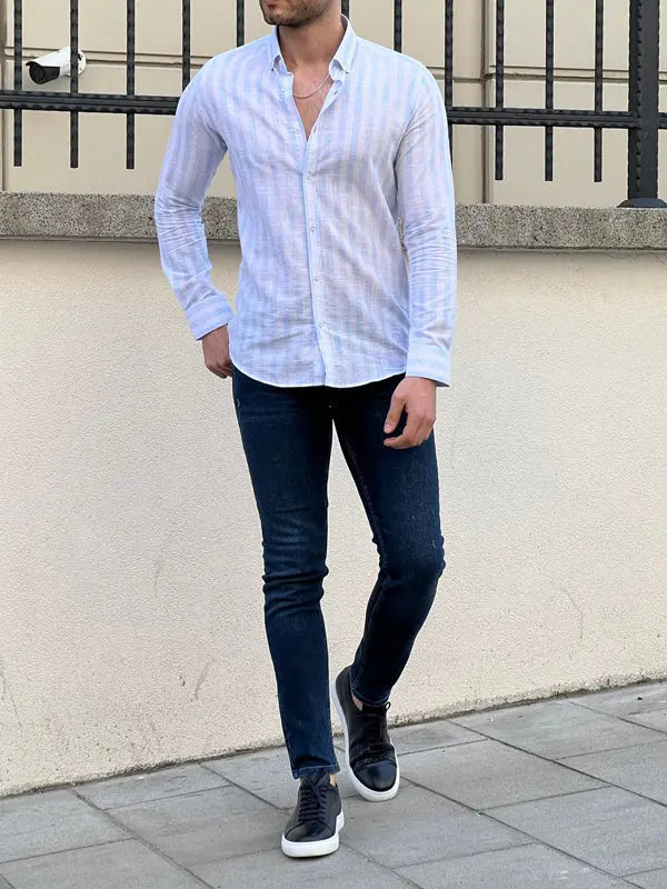 Brabion Tampa White Blue Slim Fit Striped Cotton Shirt - BRABION