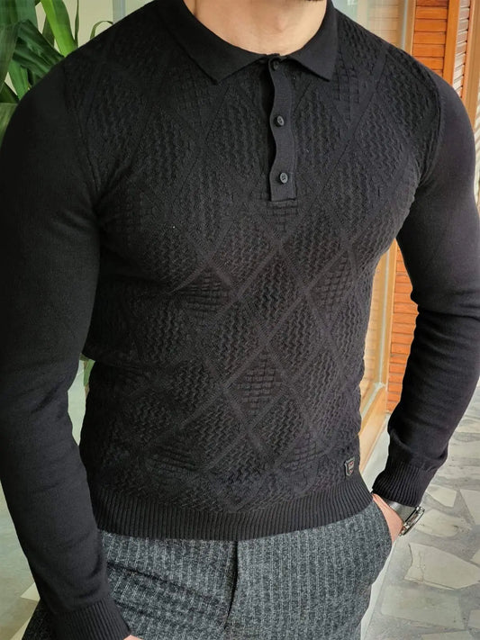Elko Black Slim Fit Collar Sweater - BRABION