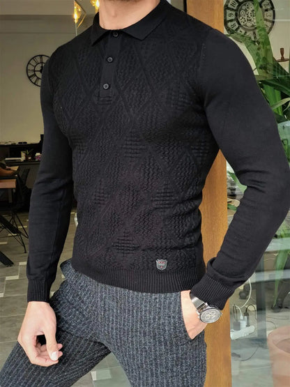 Elko Black Slim Fit Collar Sweater - BRABION