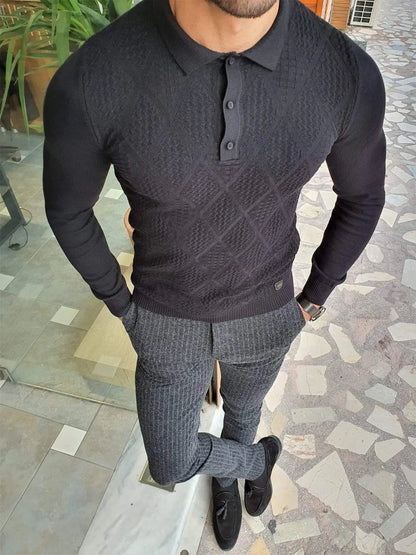 Elko Black Slim Fit Collar Sweater - BRABION