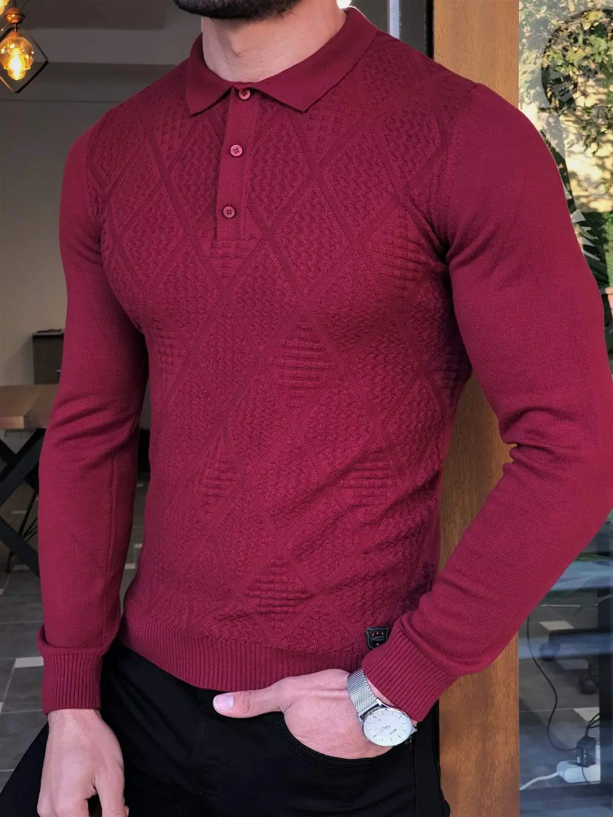 Elko Claret Red Slim Fit Collar Sweater - BRABION