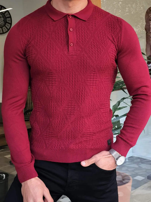 Elko Claret Red Slim Fit Collar Sweater - BRABION