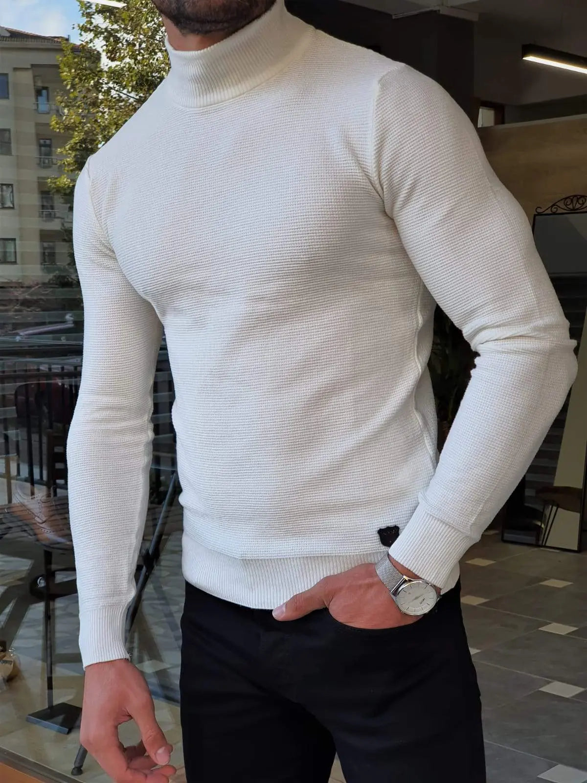 Elko White Slim Fit Mock Turtleneck Sweater - BRABION