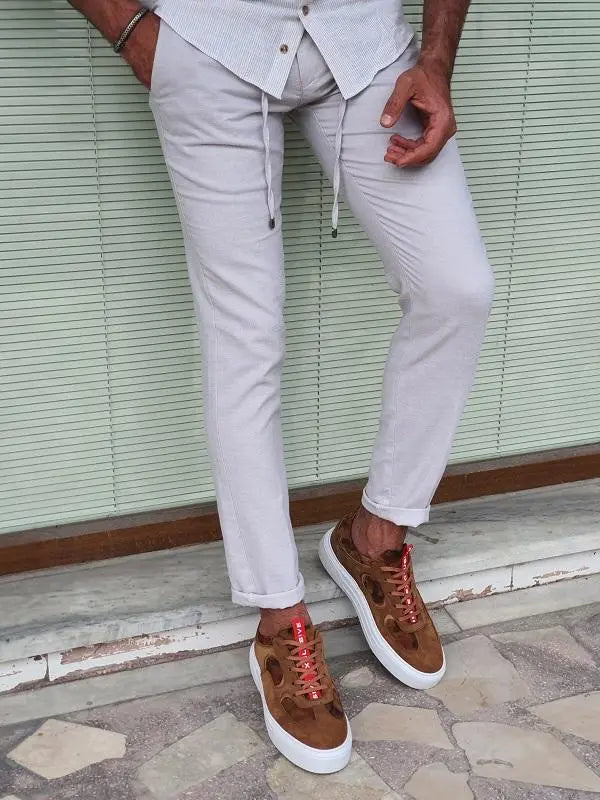 Bastoni Beige Slim Fit Linen Pants - Versatile Comfort for Every Occasion - BRABION