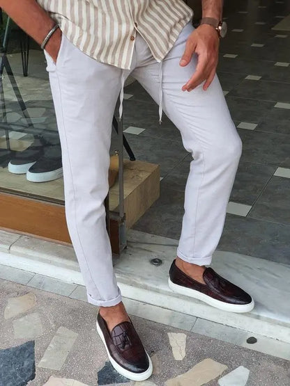 Bastoni Beige Slim Fit Linen Pants - Versatile Comfort for Every Occasion - BRABION