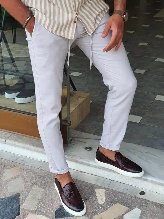 Bastoni Beige Slim Fit Linen Pants - Versatile Comfort for Every Occasion - BRABION