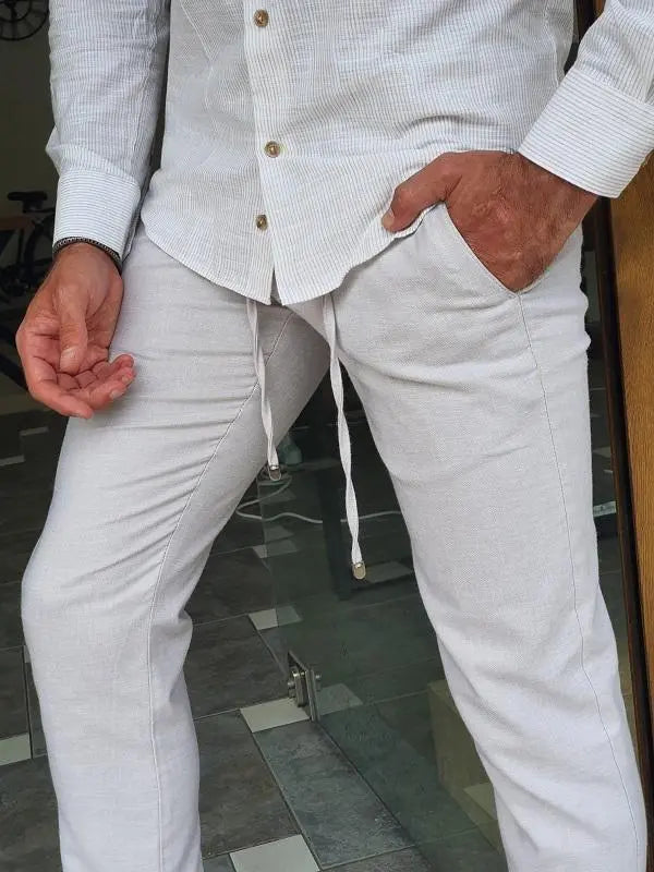 Bastoni Beige Slim Fit Linen Pants - Versatile Comfort for Every Occasion - BRABION