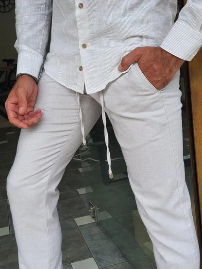 Bastoni Beige Slim Fit Linen Pants - Versatile Comfort for Every Occasion - BRABION