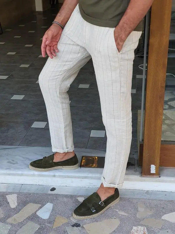 Bastoni Beige Slim Fit Pinstripe Linen Pants - BRABION