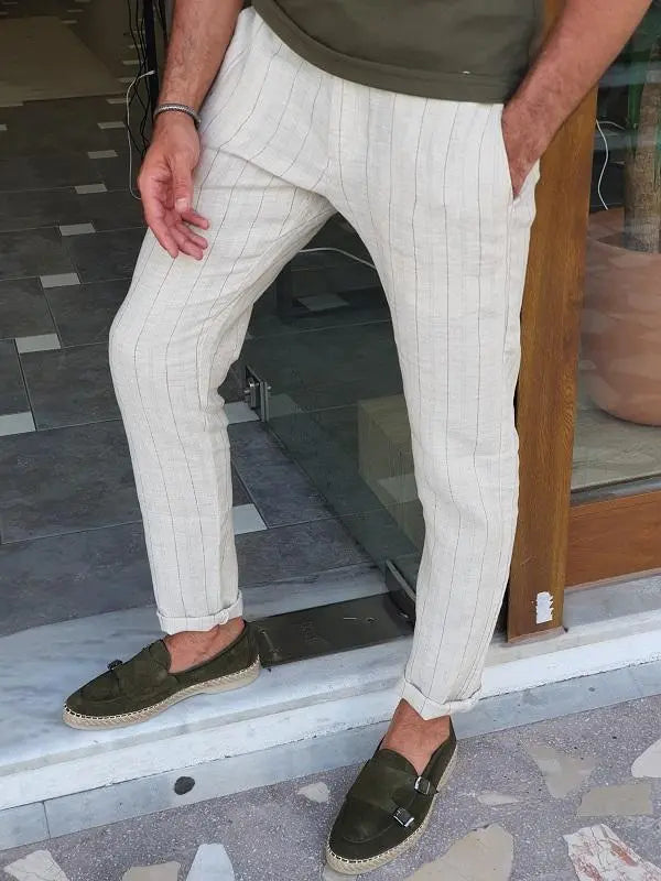 Bastoni Beige Slim Fit Pinstripe Linen Pants - BRABION
