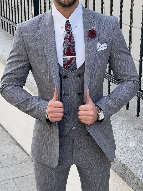 Napoli Gray Slim Fit Peak Lapel Crosshatch Suit brabion