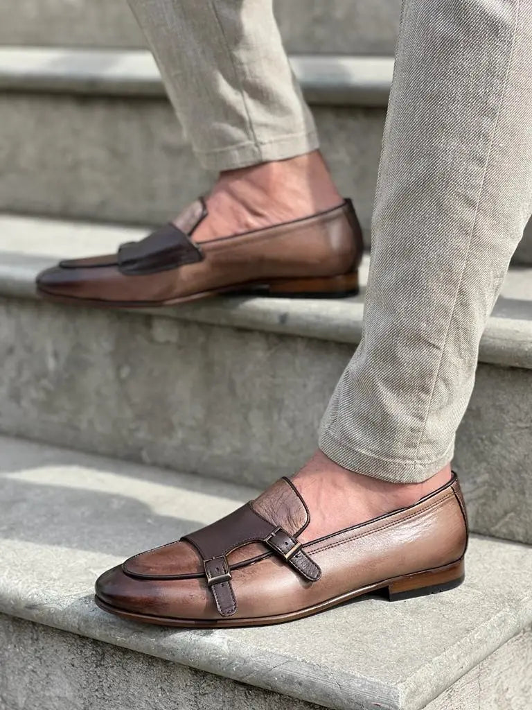 Lawson Beige Double Monk Strap Loafers for Men - BRABION