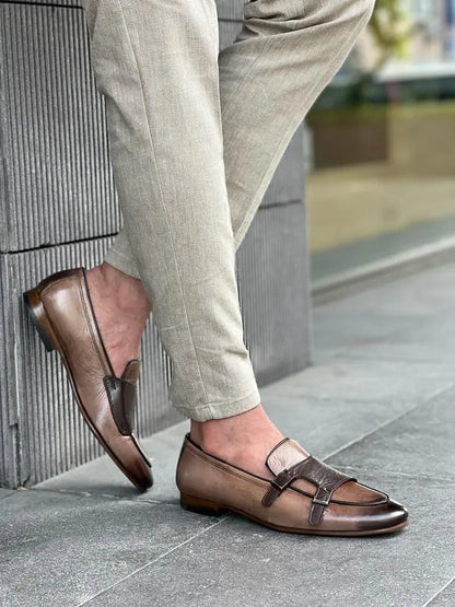Lawson Beige Double Monk Strap Loafers for Men - BRABION