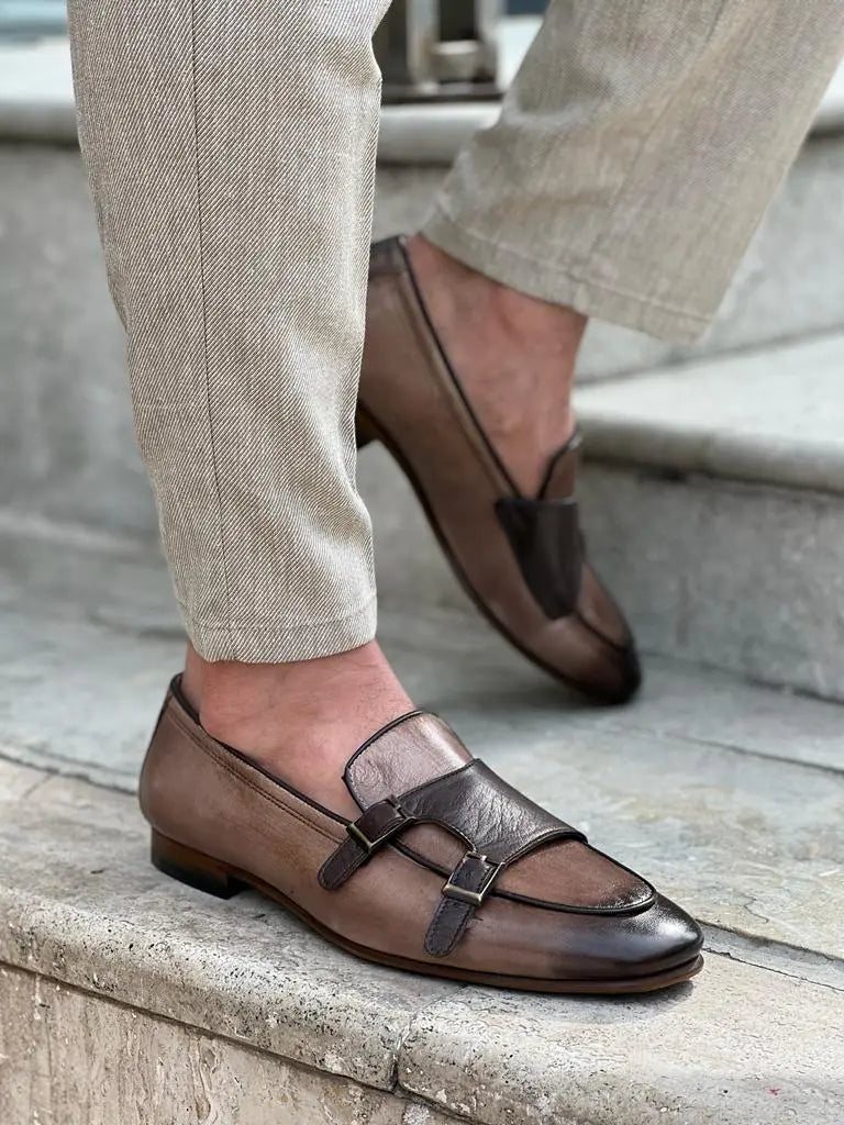 Lawson Beige Double Monk Strap Loafers for Men - BRABION