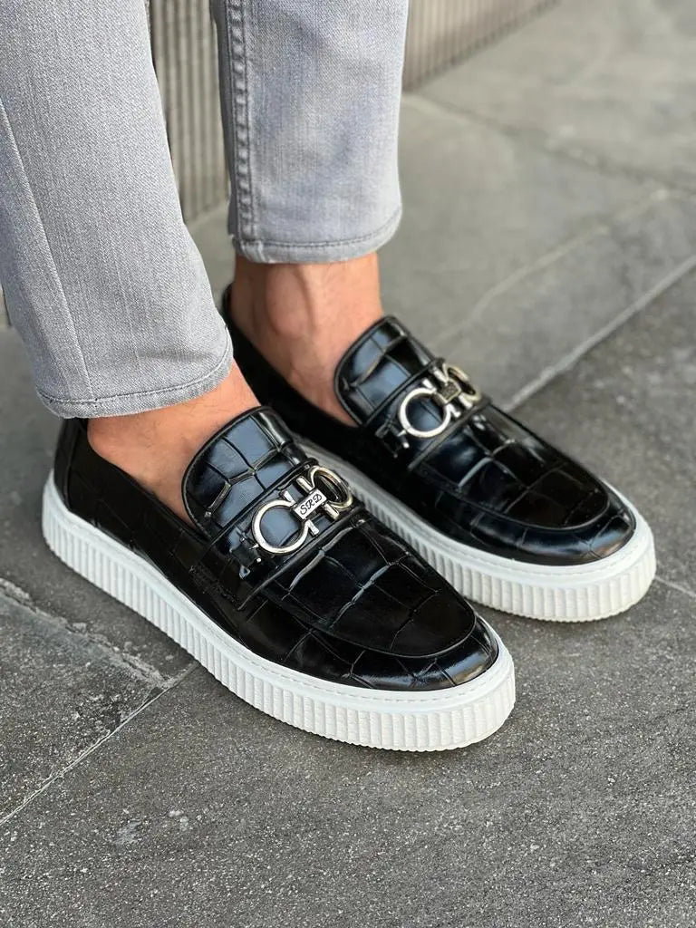 Lawson Black Crocodile Pattern Bit Loafers - BRABION