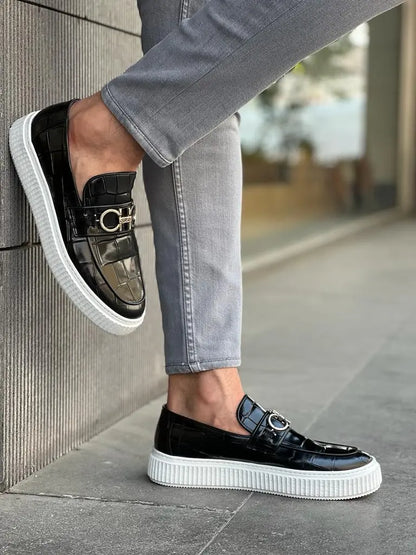 Lawson Black Crocodile Pattern Bit Loafers - BRABION