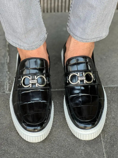 Lawson Black Crocodile Pattern Bit Loafers - BRABION