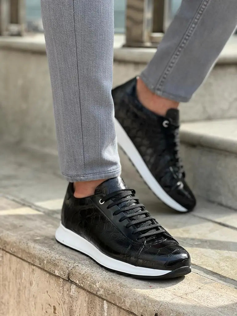 Lawson Black Crocodile Pattern Mid-Top Sneakers - BRABION