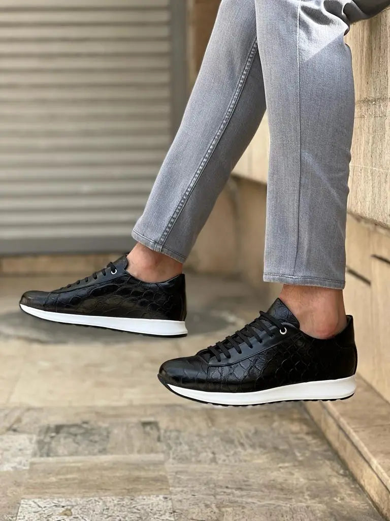Lawson Black Crocodile Pattern Mid-Top Sneakers - BRABION