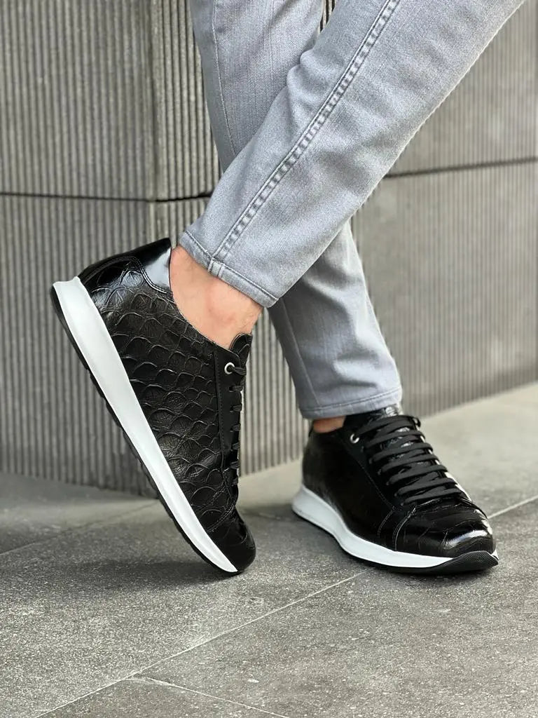 Lawson Black Crocodile Pattern Mid-Top Sneakers - BRABION