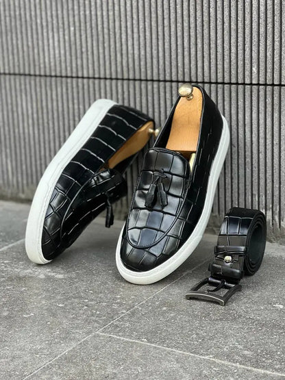 Lawson Black Crocodile Pattern Slip-Ons - BRABION