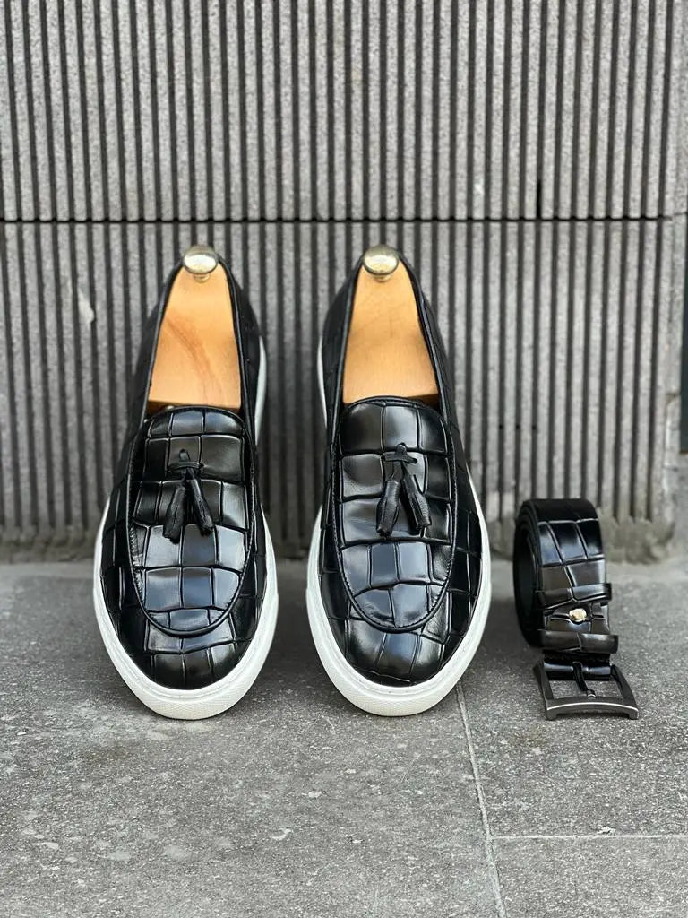Lawson Black Crocodile Pattern Slip-Ons - BRABION