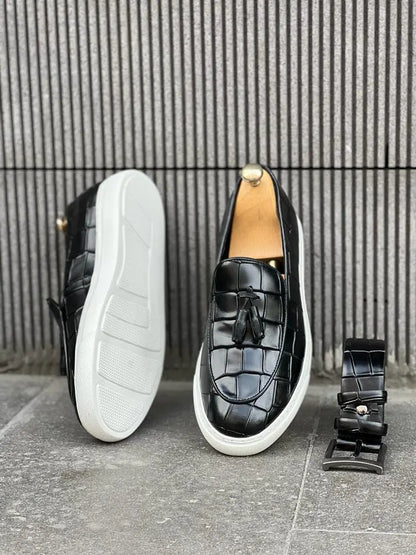 Lawson Black Crocodile Pattern Slip-Ons - BRABION