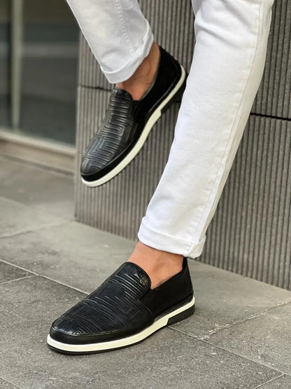 Lawson Black Patterned Slip-Ons for Men - BRABION
