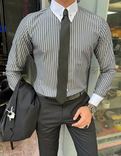 Brabion Berton Black Slim Fit Striped Cotton Shirt - BRABION