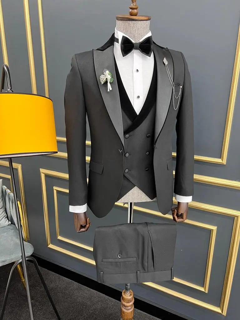 Lawson Black Slim Fit Velvet Peak Lapel Tuxedo - BRABION