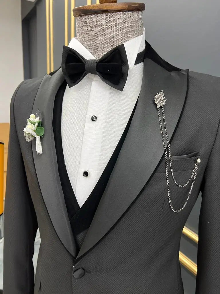 Lawson Black Slim Fit Velvet Peak Lapel Tuxedo - BRABION