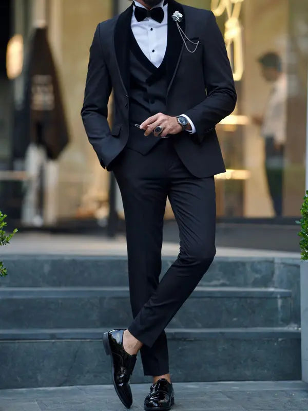 Lowton Black Slim Fit Velvet Shawl Lapel Tuxedo - BRABION