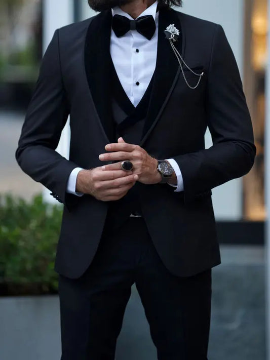 Lowton Black Slim Fit Velvet Shawl Lapel Tuxedo - BRABION