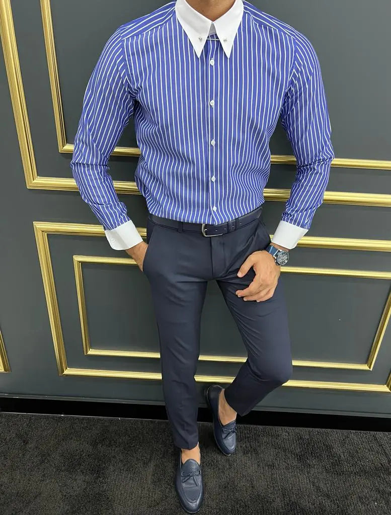 Brabion Berton Blue Slim Fit Striped Cotton Shirt - BRABION