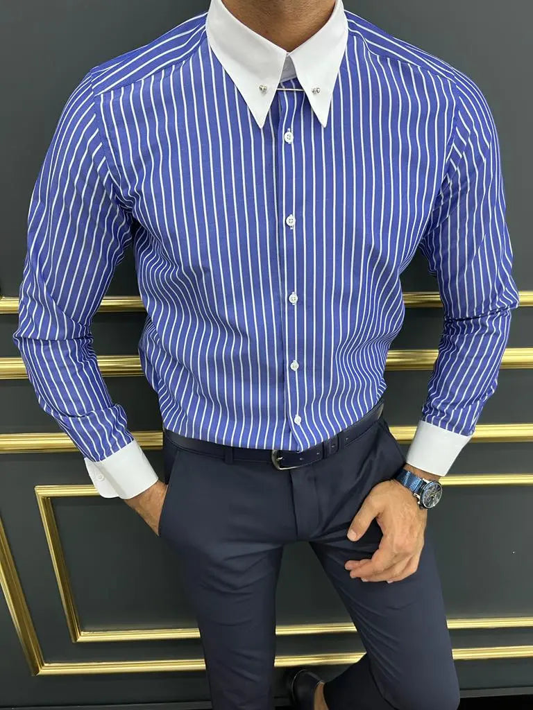 Brabion Berton Blue Slim Fit Striped Cotton Shirt - BRABION