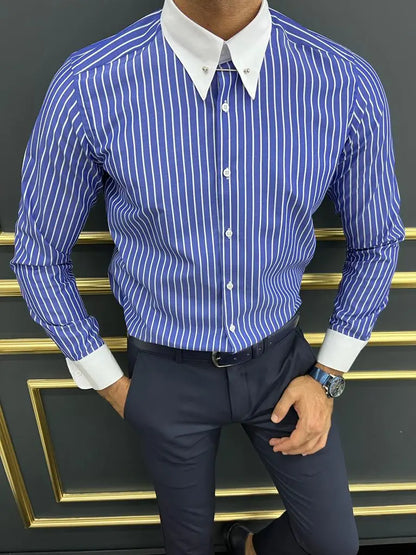 Brabion Berton Blue Slim Fit Striped Cotton Shirt - BRABION