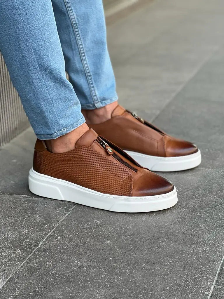 Lawson Brown Mid-Top Zipper Sneakers for Men - BRABION