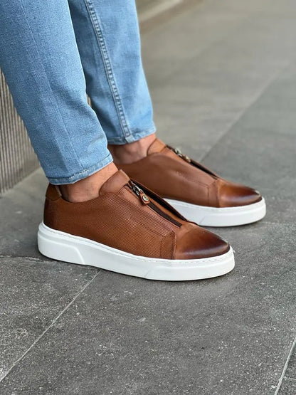 Lawson Brown Mid-Top Zipper Sneakers for Men - BRABION