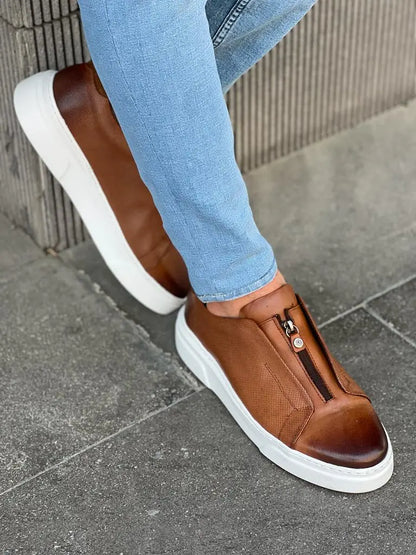 Lawson Brown Mid-Top Zipper Sneakers for Men - BRABION