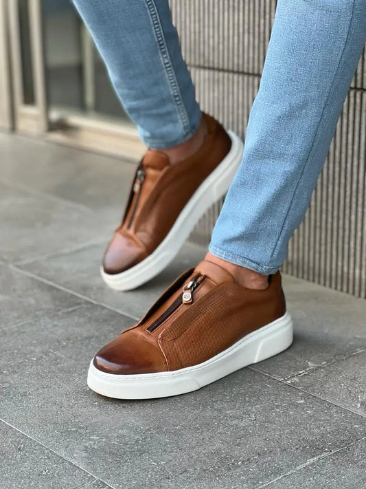 Lawson Brown Mid-Top Zipper Sneakers for Men - BRABION