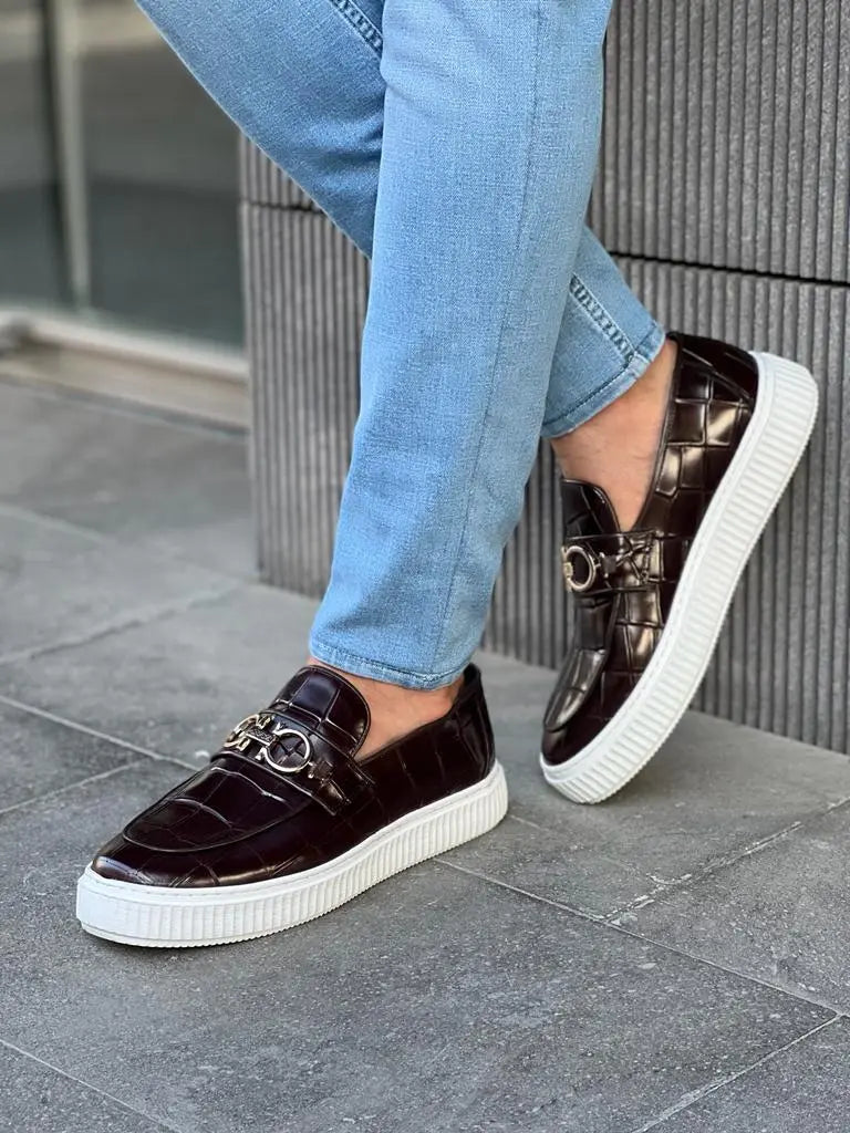 Lawson Burgundy Crocodile Pattern Bit Loafers - BRABION