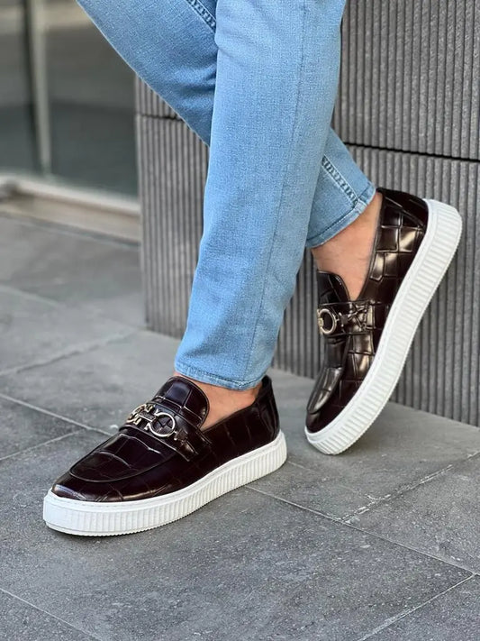 Lawson Burgundy Crocodile Pattern Bit Loafers - BRABION
